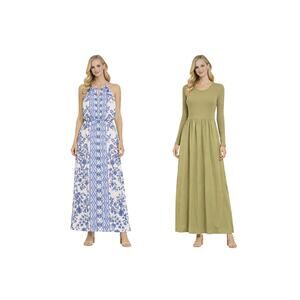 2 Womens Small Maxi Dress ANRABESS Green NWT & Japina Blue Floral EUC Boho Fairy